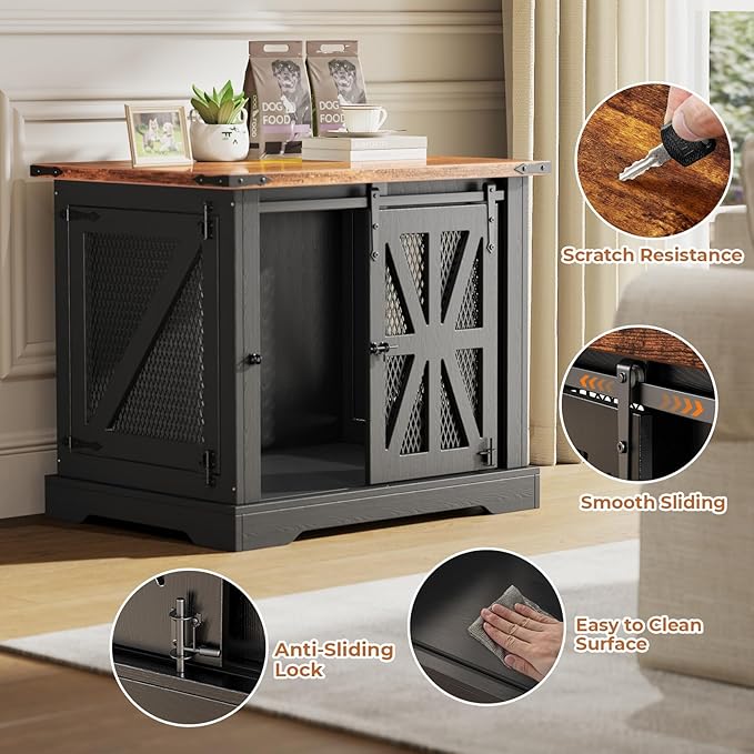 VOPEAK 27.5" Small Dog Crate Furniture, Chew Resistant Dog Crate for Puppy Dogs, Heavy Duty Small Dog Crate Dog Kennel Indoor with Double Doors, Wooden End Table for Bedroom Living Room, Black