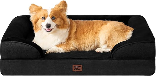 EHEYCIGA Orthopedic Dog Beds for Large Dogs, Waterproof Memory Foam Large Pet Bed with Sides, Non-Slip Bottom and Egg-Crate Foam Dog Couch Bed with Washable Removable Cover, Black