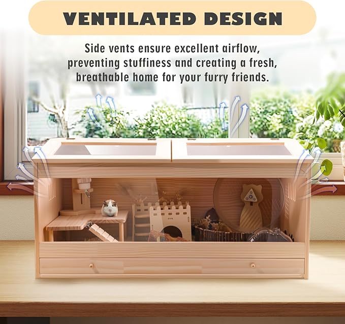 Wooden Hamster Cage with Pull-Out Tray, Small Animal Habitat with Double Skylight Doors for Gerbil, Mouse, Guinea Pig, Rat, No Accessories (31.5" L x 15.7" W x 15.7" H)