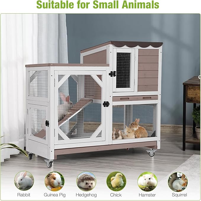 Wooden Rabbit Hutch with Two Story, Bunny Cage with Leak-Proof Trays, and Chew-Proof Ramp, Guinea Pig Cage with Wheels, Suitable for Indoor/Outdoor Use (Brown)