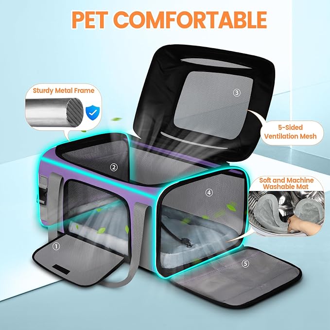 Petskd Top-Expandable Pet Carrier with Wheels 19x13x9 Inches Southwest Allegiant Airlines Approved, Soft-Sided Carrier for Small Dog Under 12 lbs and Large Cat Under 15 lbs(Purple)