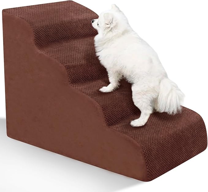 Dog Stairs for Small Dogs - High Density Foam Pet Steps, Extra Wide Dog Ramp with Non-Slip Bottom for High Beds, Couch and Sofa, Best for Dogs Injured, Older Doggy Cats,4 Steps, Brown