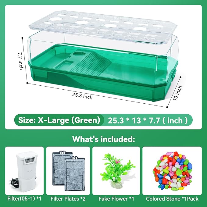 Aquatic Turtle Tank Habitat Kit Stone+Filter+Heat Lamp Enhancing Interaction with 360° Viewing, Standalone Filtration, DIY Creative Zone, Enriched Living (Green, XL[Without Light])