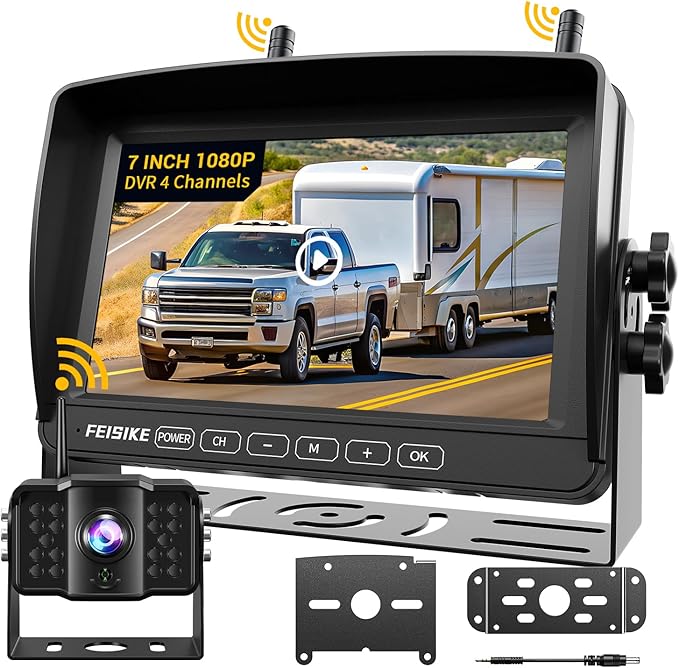 RV Backup Camera Wireless with 7" 1080P Monitor, for Furrion Pre-Wired RV, 4-Channel Split Screen System, Loop Recording, IR Night Vision, Wide Rear View Camera for Truck, Trailer, Camper