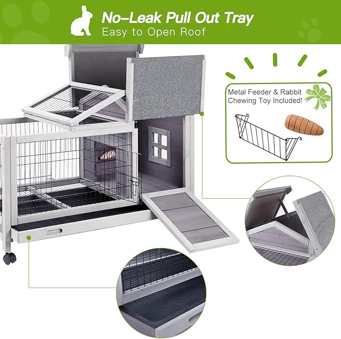 Indoor Rabbit Hutch Bunny Cage with 4 Casters, Bunny Hutch -Removable Wire Grate