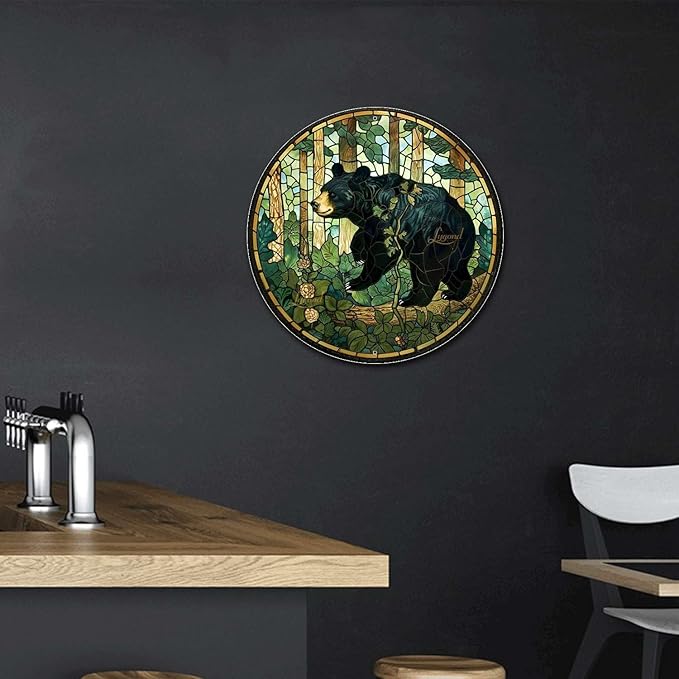 Lygond Metal Sign Tin Sign Circular Stained Glass American Black Bear Minimalist Wall Art for Garage 8×8 Inches