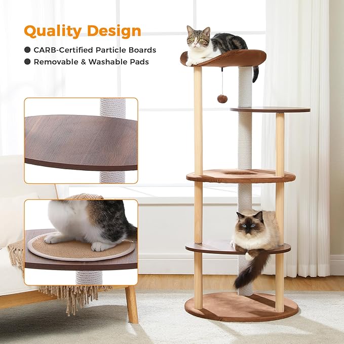 PETEPELA Wood Cat Tree Tower for Indoor Cats,5-Level Modern Cat Tree Cat Activity Center with Scratching Posts, Brown