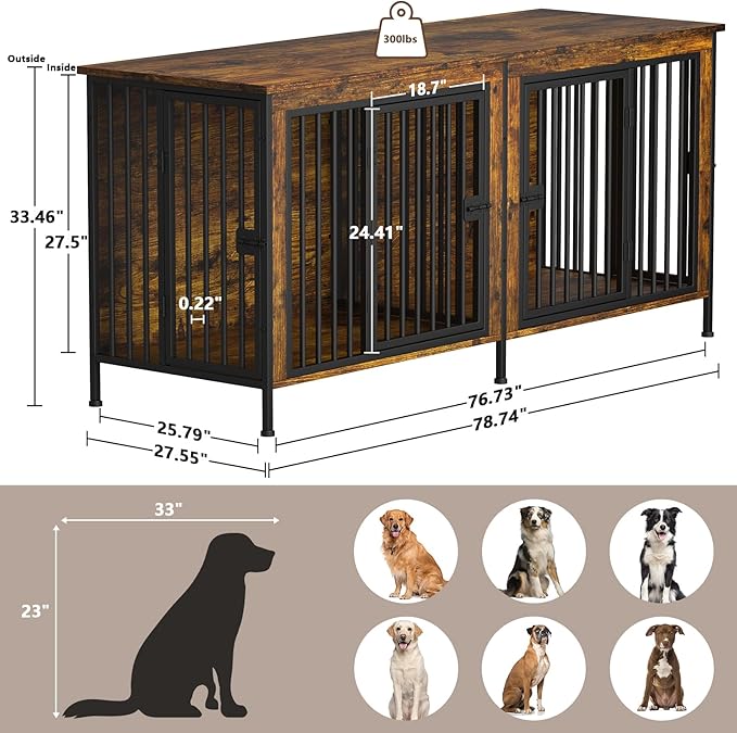 EasyCom 78 Inch Dog Crate Furniture for 2 Dogs, Extra Large Double Dog Cage Large Breed, XXL Thick Wooden Dog Crate TV Stand, Sturdy Dog Kennel with Divider