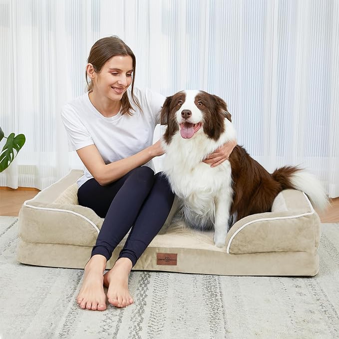Comfort Expression Waterproof Dog Beds for Large Breed Dogs, Large Dog Beds Orthopedic Foam, Comfy Pet Bed Sofa with Washable Removable Cover & Non-Slip Bottom(Beige)