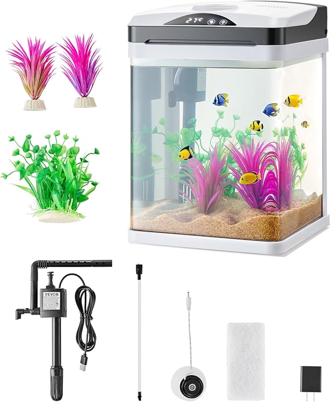 VEVOR Fish Tank Aquarium, 2 Gallon LED Square Ultra-Clear Glass Tank Temperature Monitoring Adjustable 7 Color Lighting, Self Cleaning System Fishbowl for Freshwater & Saltwater Fish Home,Office,Pet