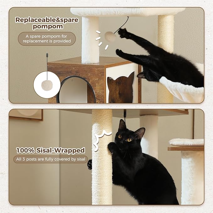 PEQULTI 57.5" Cat Tree with Litter Box Enclosure Large, Wood Cat Tower for Indoor Cats with Storage Cabinet and Cozy Cat Condo, Sisal Covered Scratching Post and Repalcable Dangling Balls, Brown