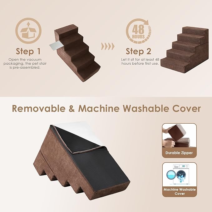 EHEYCIGA Dog Stairs for High Bed 25" H, 5-Step Extra Wide Dog Steps for Bed, Pet Steps for Small Dogs and Cats, Non-Slip Balanced Pet Ramp Indoor, Brown