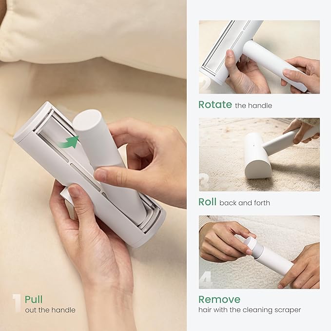 MoonRoller, Pet Hair Removal Tool with Detachable Handle and Cleaning Scraper, Reusable Cat and Dog Hair Remover for Couch, Carpet, Furniture, Car, Bedding, Blanket, Rug, and More