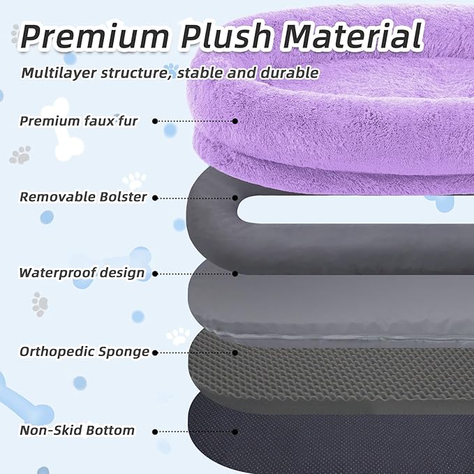 Human Dog Bed, 71''x45''x12'' Size Fits You and Pets, Washable Faux Fur Pet Bed for People Doze Off, Napping Orthopedic Dog Bed, Present Plump Pillow, Blanket, Strap - Purple