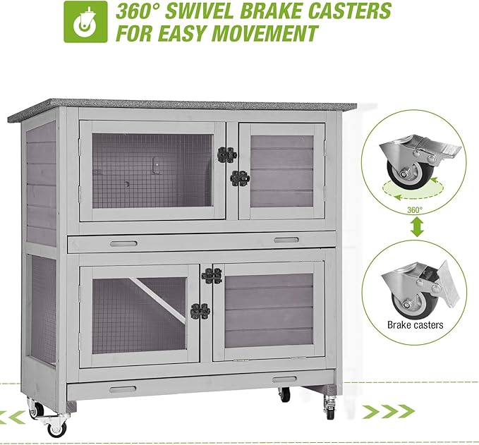 2 Story Rabbit Hutch Indoor Outdoor Rabbit Bunny House Guinea Pig Cage Wooden Pet House for Small Animals with 2 Large Rooms, Chewproof Ramp, Ventilation Door, Removable Trays (Grey)