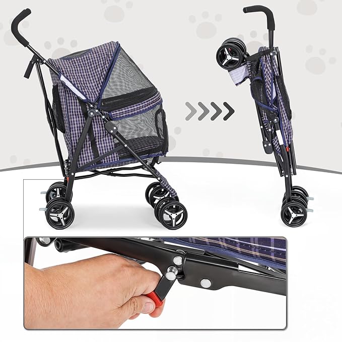 MoNiBloom 4 Wheels Pet Stroller, Easy-Fold Umbrella Shaped Dog Cat Jogger Stroller w/Storage Bag & Visible Mesh for Small/Medium Dogs Cats Plaid