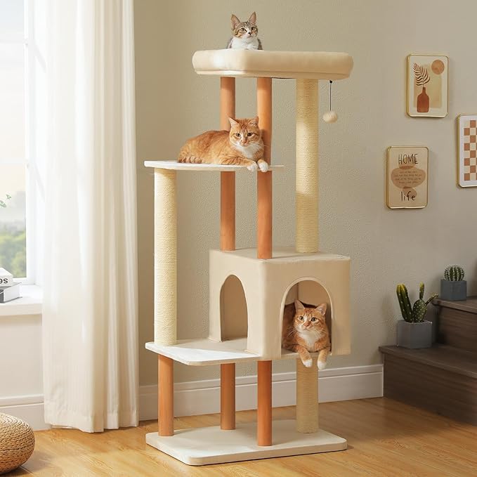 PAWZ Road Large Cat Tree, 53 Inches Modern Wooden Cat Tower for Indoor Large Cats, Multi-Level Cat Condos with Long Scratching Posts and Natural Wood Posts-Beige