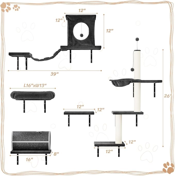 NUNU LAB 7-in-1 Wall Mounted Cat Climber Set, Cat Wall Furniture Set with House, Bridge, Steps, Scratcher Post, DIY Playground, Cat Wall Shelves - Dark Gray