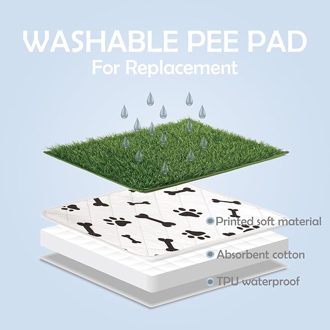 MEEXPAWS Dog Grass Pad with Foldable Dog Litter Box, Small Pee Pad Holder Foldable Liner Base High Side with Odor Free Artificial Grass for Puppy Potty Training Balcony, 2 PCS Reusable Pee Pads