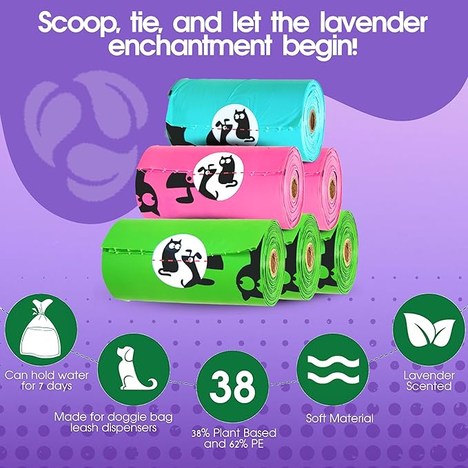 Pet N Pet 270 Counts Lavender Scented, Colorful Poop Bags for Dogs, 38% Plant Based & 62% PE Dog Poop Bags Rolls, Extra Thick Dog Waste Bag, Doggy Bag