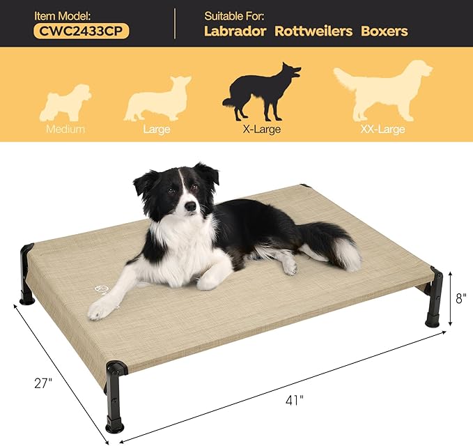 Veehoo Cooling Outdoor Dog Bed, Heavy Duty Elevated Pet Bed with Washable & Breathable Teslin Mesh, Non-Slip Silicon Feet, Dog Cot Bed with Support Hem, 41" x 27", Beige Coffee, CWC2433