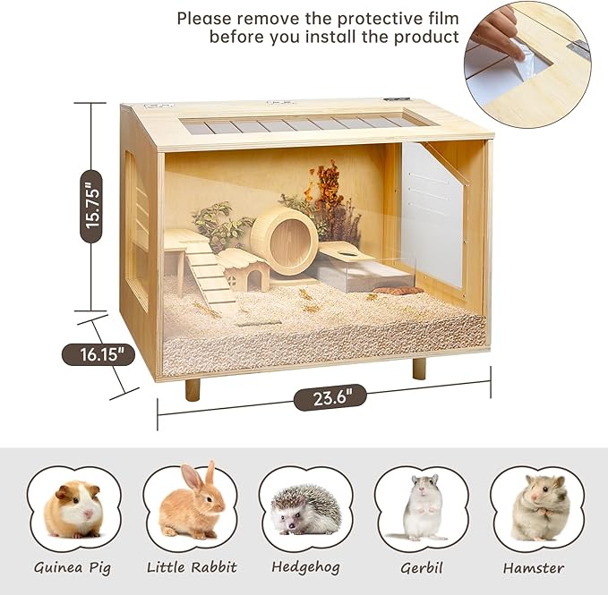 Wooden Hamster Cage - 24 inch Guinea Pig Cage Clear Small Animal cage with Open top Hamster Habitat Wooden Frame with Acrylic Panel