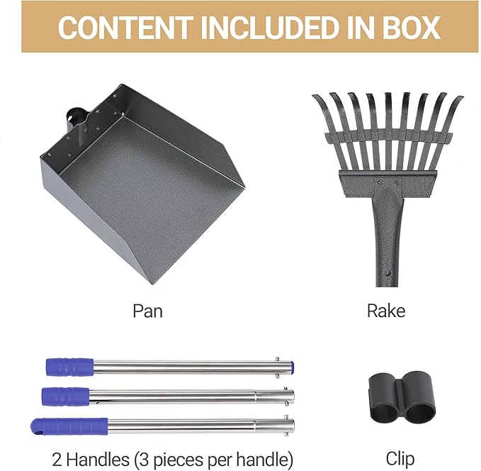 Heeyoo Dog Pooper Scooper, Dog Poop Tray and Rake Set, Pet Waste Removal Scoop with Long Adjustable Sectional Stainless Handles