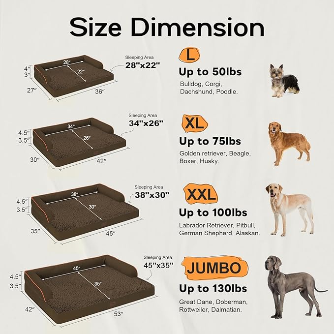 Large Dog Bed Orthopedic Washable - Beds Bolster - Waterproof with Removable Cover - Extra XL XLarge Big Dogs - Memory Foam Couch Sofa - Coffee Dog Bed