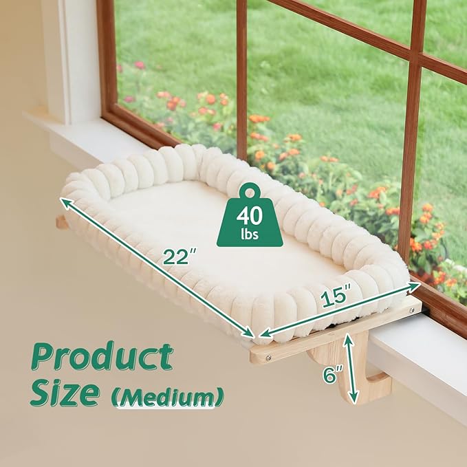 SnugCloud Cat Window Perch with 4-Sided Bolster - Orthopedic Cat Hammock for Window Sill - Solid Hardwood & Metal Frame - Window Seat for Pets (Natural Color Wood w/White Bed, Medium)