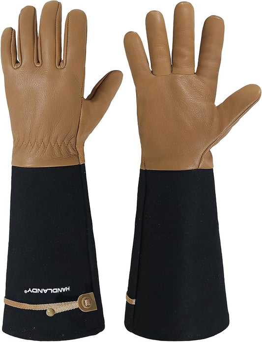 HANDLANDY Long Gardening Gloves for Men & Women, Cowhide Leather Rose Pruning Gloves, Breathable Thorn Proof Gauntlet Glove (Brown-Cowhide, XL)