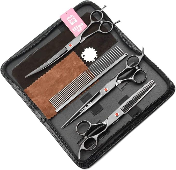 LILYS PET Professional PET Grooming scissors Kit,Coated Titanium,Sharp and Strong Stainless Steel Blade for Dogs Cats Hair Cutting,3 Pieces of Scissors with a Comb and a Case (7.5 inches, Black)