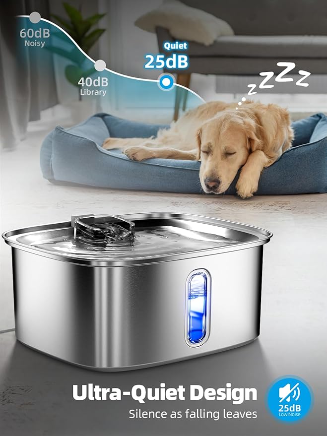 Dog Water Fountain for Large Dogs, 9L/2.4Gal Stainless Steel Dog Fountain with Water Level Window & Filtration, Automatic Pet Water Bowl Dispenser Indoor, Super Quiet for Multi-Pet