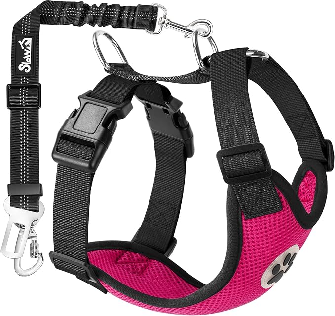 SlowTon Dog Seat Belt Harness for Car, Dog Car Harness Adjustable Mesh Breathable & Dog Seatbelt Safety Tether with Elastic Bungee for Small Medium Large Pets(Fuchsia, Double Clip, M)