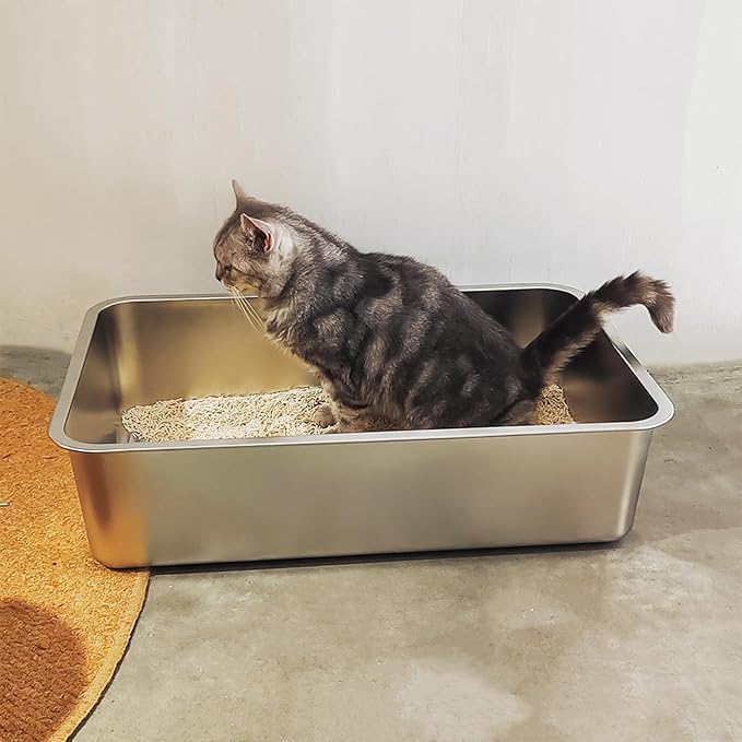 IKITCHEN Stainless Steel Cat Litter Box, Large Metal Litter Box for Cats, Never Absorbs Odors,Stain Free, Rustproof, Non Stick Smooth Surface 23.5" L x 15.5" W x 6" H