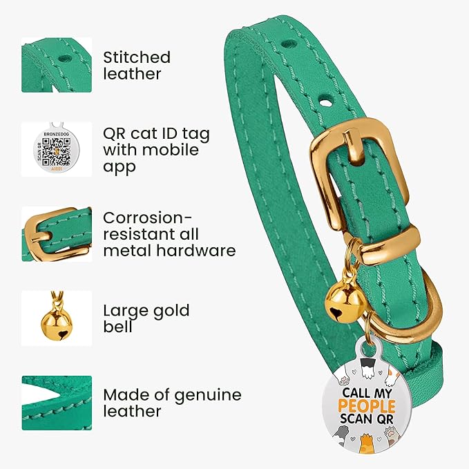 BRONZEDOG Leather Cat Collar with Removable Bells Non Breakaway Kitten QR Tag for Girl Boy (9" - 12" Cats/Mini Dogs, Green & Gold)