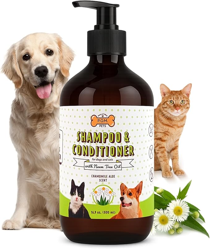 POM Pets 2-in-1 Organic Dog Shampoo & Conditioner – Itchy Skin Relief, Dog Deshedding, Detangles Fur, Cat Shampoo, Paw Cleaner for Dogs, Natural Coat Defense Formula