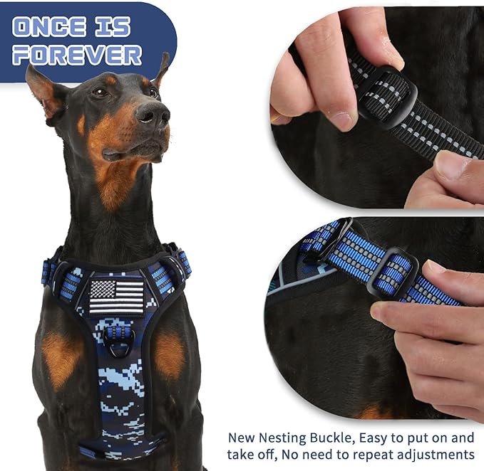 BUMBIN Tactical Dog Harness for Small Dogs No Pull, Famous TIK Tok No Pull Puppy Harness, Fit Smart Reflective Pet Walking Harness for Training, Adjustable Dog Vest Harness with Handle Blue Camo S