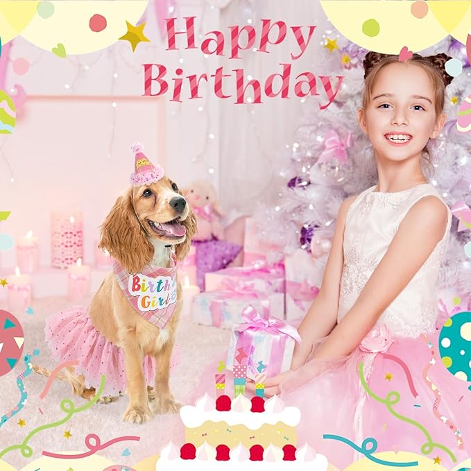 SCENEREAL Dog Birthday Bandana Hat with Dress Girl Set Party Supplies Plaid Puppy Birthday Outfit Cute Dog Tutus for Small Medium Lage Dogs, Pink Plaid