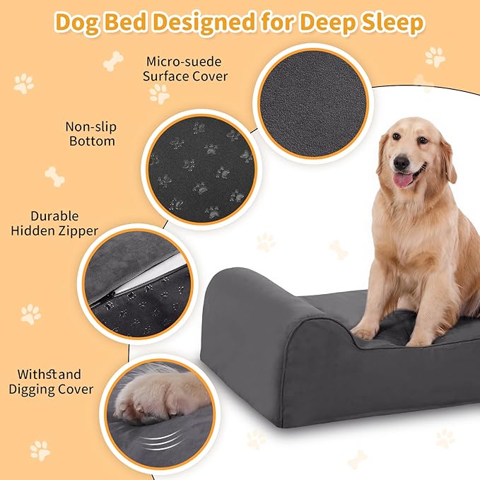 Orthopedic Dog Beds for Large Dogs, 7" Memory Foam Dog Beds with Waterproof Liner, Chew Proof Microsuede Cover, Removable and Washable, Nonskid Bottom, 52"x36" XL Grey