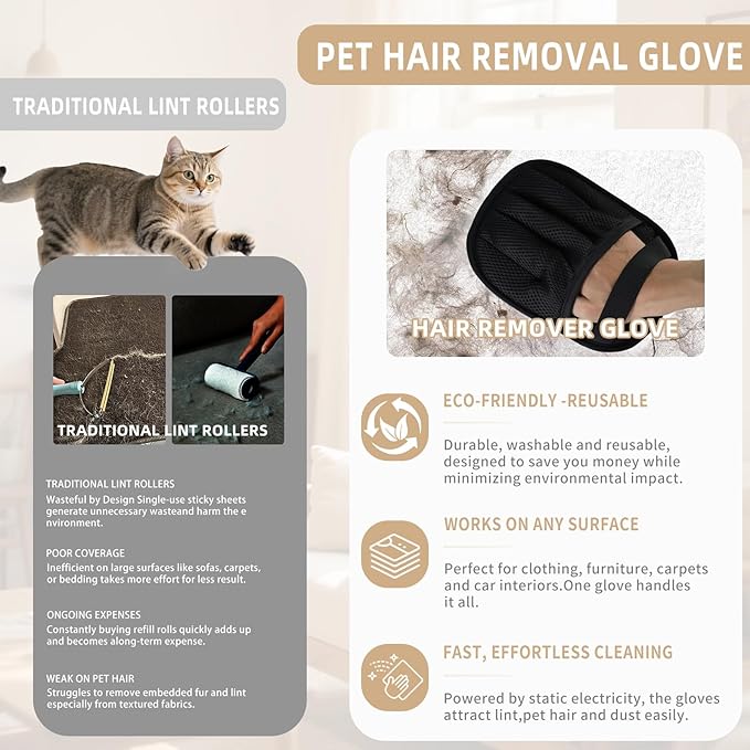 2𝑷𝒄𝒔 Pet Hair Removal Glove for Cats & Dogs, Newly Pro Five-Finger Electrostatic Pet Hair Remover Gloves, Reusable & Washable Magic Brush Pet Hair Removal Tool for Couch, Clothing, Carpet, Car Seat