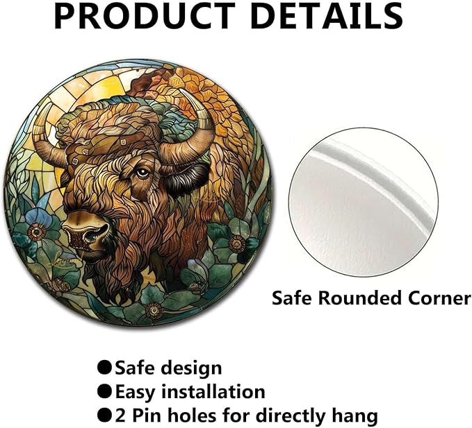 Lygond Metal Sign Tin Sign Circular Stained Glass American Bison Greenhouse Decor for Restaurant 8×8 Inches