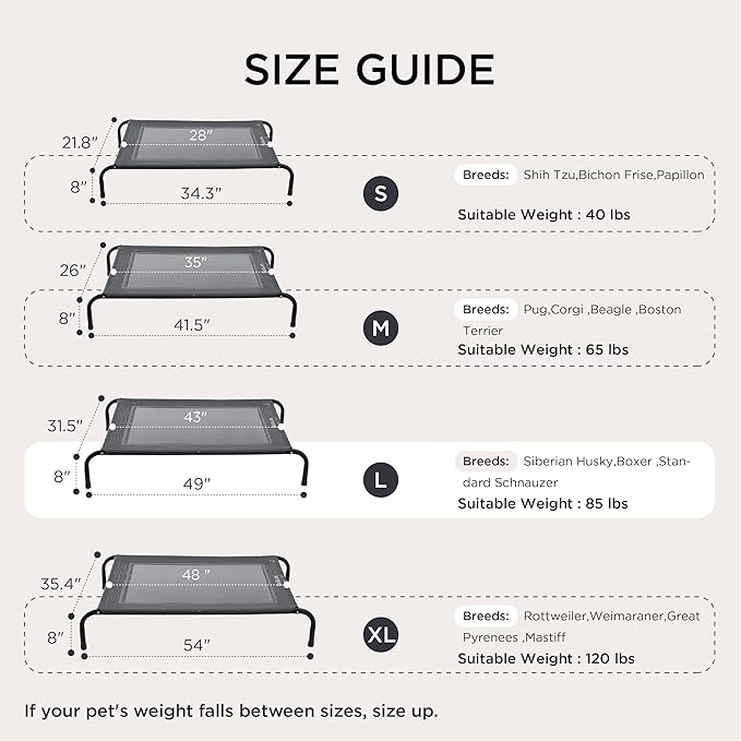 Bedsure Outdoor Elevated Dog Bed Large Sized Dog, Portable Indoor & Outdoor Cooling Raised Cot Pet Hammock Bed with Skid-Resistant Feet, Frame with Breathable Mesh, Brown, 49 inches