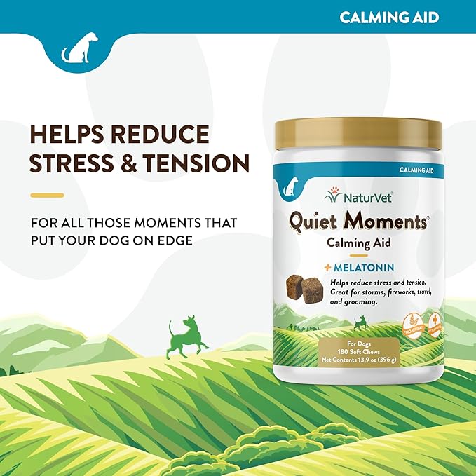NaturVet Quiet Moments Calming Dog Supplement, Dog Soft Chews with Melatonin to Help Reduce Stress from Storms, the Vet, Fireworks, and Travel, Bacon and Chicken Flavored Pet Supplement, 180 Count Jar