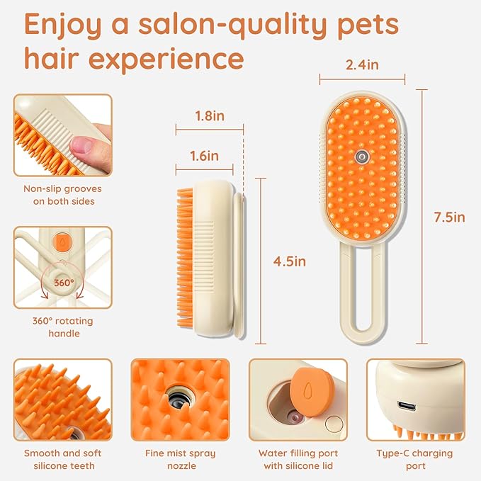 GKZ Cat Steam Brush, 3 in 1 Pet Comb for Massage, Cleaning, Shedding and Combing, Electric Mist to Prevent Flyaways for Home, Dogs and Cat Lovers - Khaki