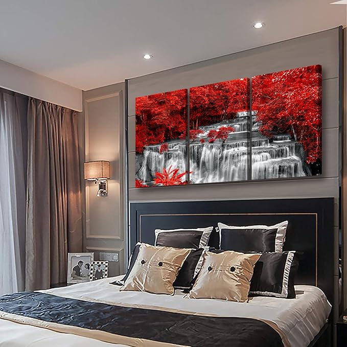 Yxbhhym Black White and Red Waterfall Canvas Wall Art Forest Paintings Waterfall Artwork for Wall Print Landscape Wall Picture for Living Room Wall Decor Large Framed Wall Art -24x48inches