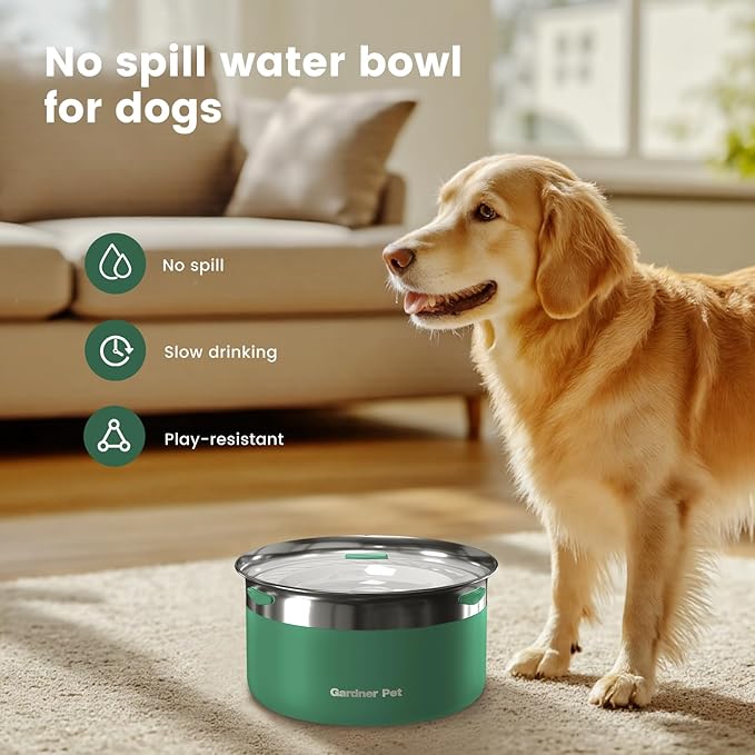 Gardner Pet Dog Bowls 1 Gallon (3.85L) Stainless Steel No Spill Dog Water Bowl, Slow Water Feeder Metal Bowls, Spill Proof Water Dispenser for Large Dogs, Promotes Healthy Hydration