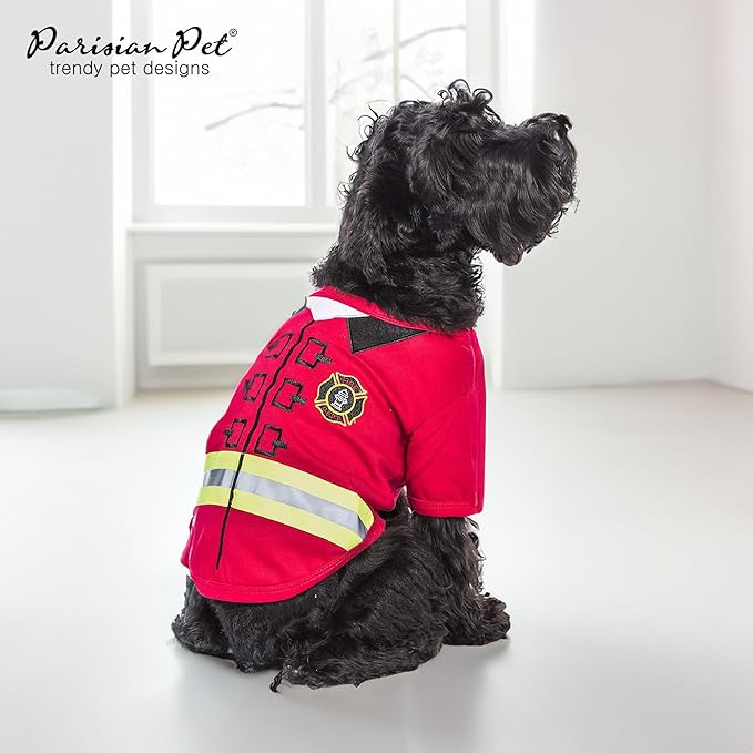 Parisian Pet Embroidered Dog Firefighter Costume - 100% Cotton and Polyester - Sleeved Pet Shirt - Red - 2XL