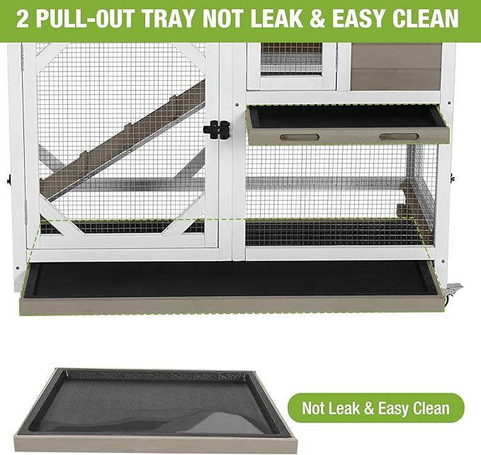 GUTINNEEN Rabbit Hutch Indoor Mobile Bunny Cage with Run Wooden 2 Story Guinea Pig Cage Outdoor for Small Animals with Wheels,Two Deeper No Leak Trays(Grey)