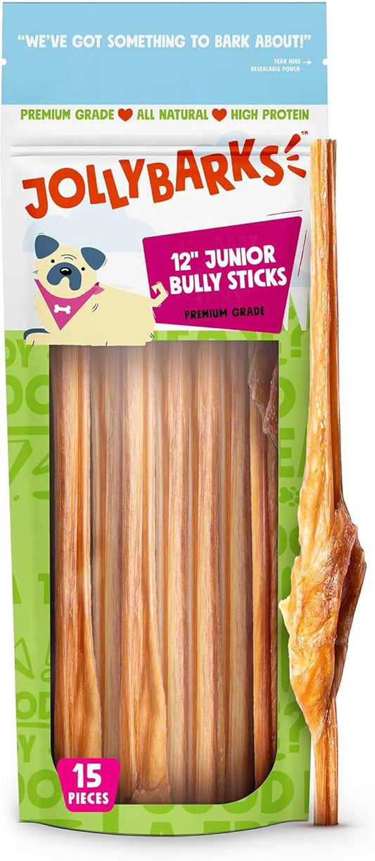 Junior Bully Sticks for Small Dogs | All Natural, Single Ingredient Bully Sticks for Puppies to Medium Dogs (12 Inch - 15pk)