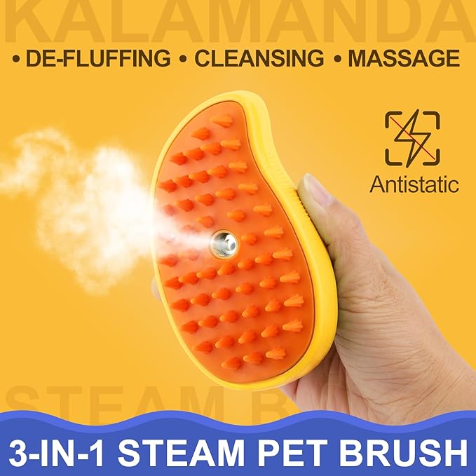KALAMANDA Cat Steam Brush, 3 in 1 Dog Steamy Brush Cleanser, Silicone Massage Grooming Comb, Pet Hair Cleaning Misting Comb for Cats Dogs(Mango Yellow)
